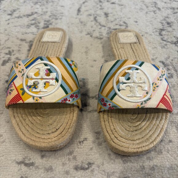 Tory Burch Benton Espadrille Slide Sandals Size 9.5 Multicolor Band - Picture 1 of 7